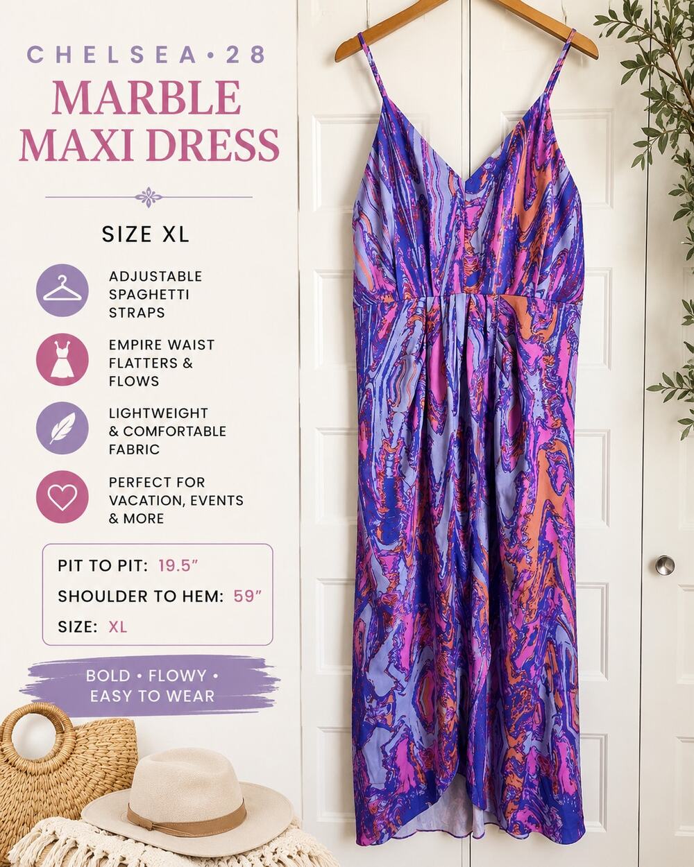 Chelsea28 XL Marble Print Maxi Dress Purple Pink Adjustable Strap Sleeveless